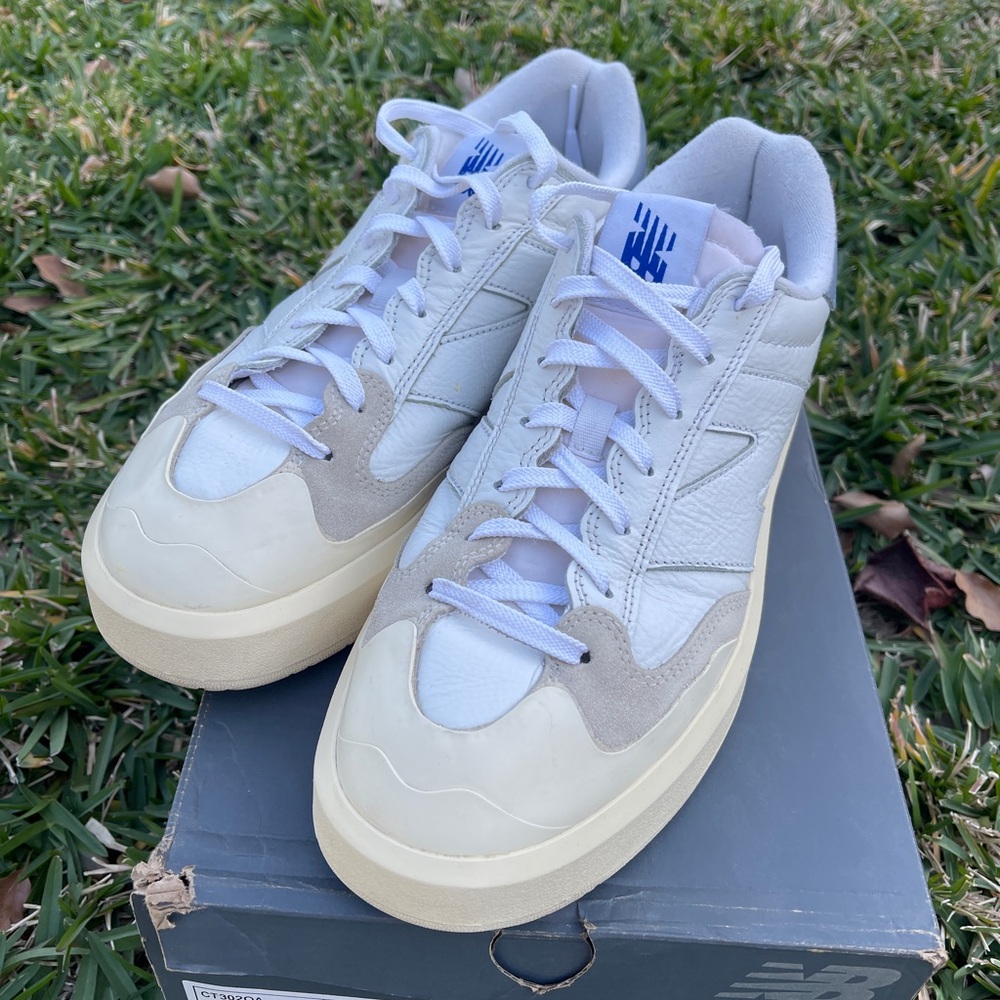 New Balance CT302 Shoes White and Tan with Blue Logo.